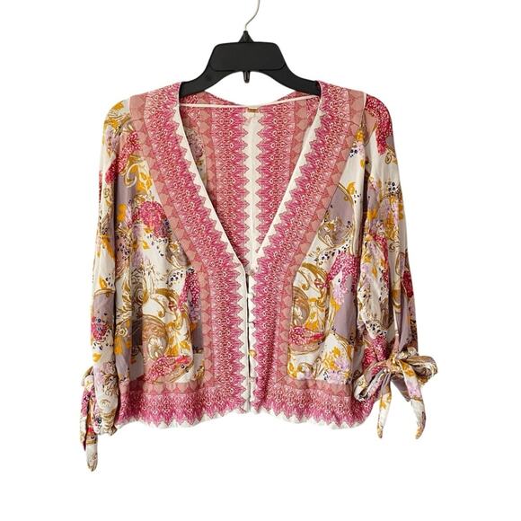 Free People Catch Me If You Can Pink Tie Sleeve Bohemian Top size XS - Picture 3 of 8